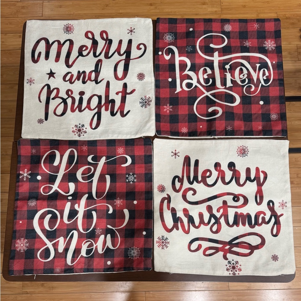 Holiday Pillow Covers Red/Black Buffalo Check and Cream Burlap Covers (Set of 4)